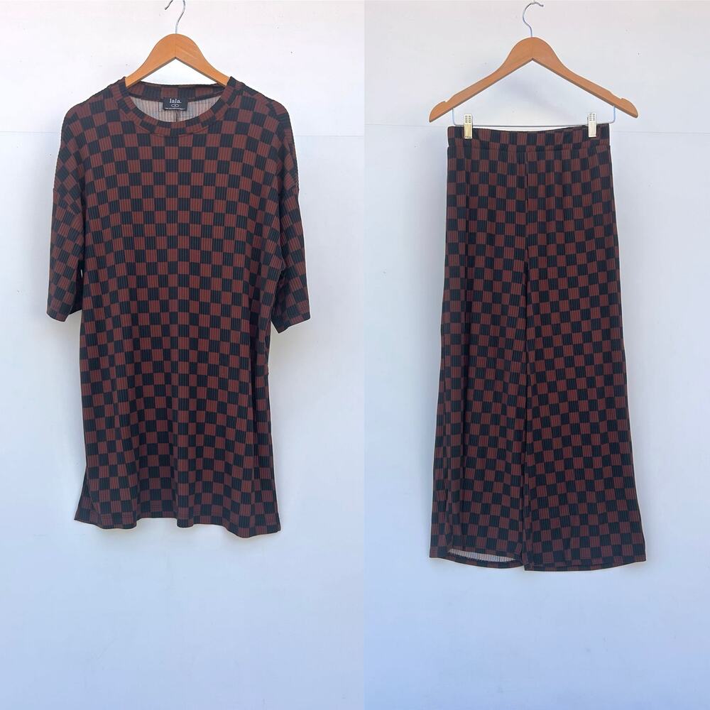 Dressed In LALA Lex Ribbed Playsuit Mocha Brown Black Checkered Set Pants Medium - Picture 5 of 12